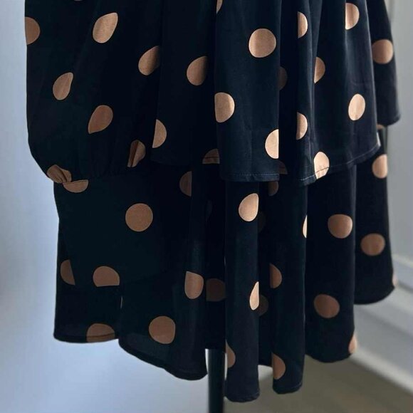 En Saison Black & Caramel Polka Dot Long-Sleeve Tiered Faux-Wrap Dress – US S - Picture 4 of 14